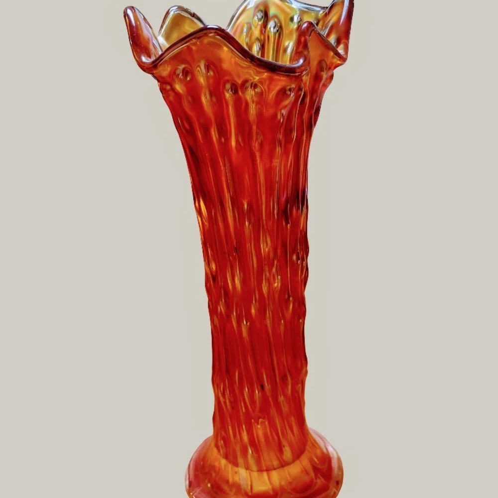 Fenton April Showers Marigold Carnival Iridescent Glass Vase Ruffled Rim